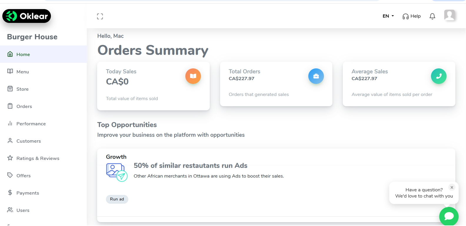OKlear merchant dashboard